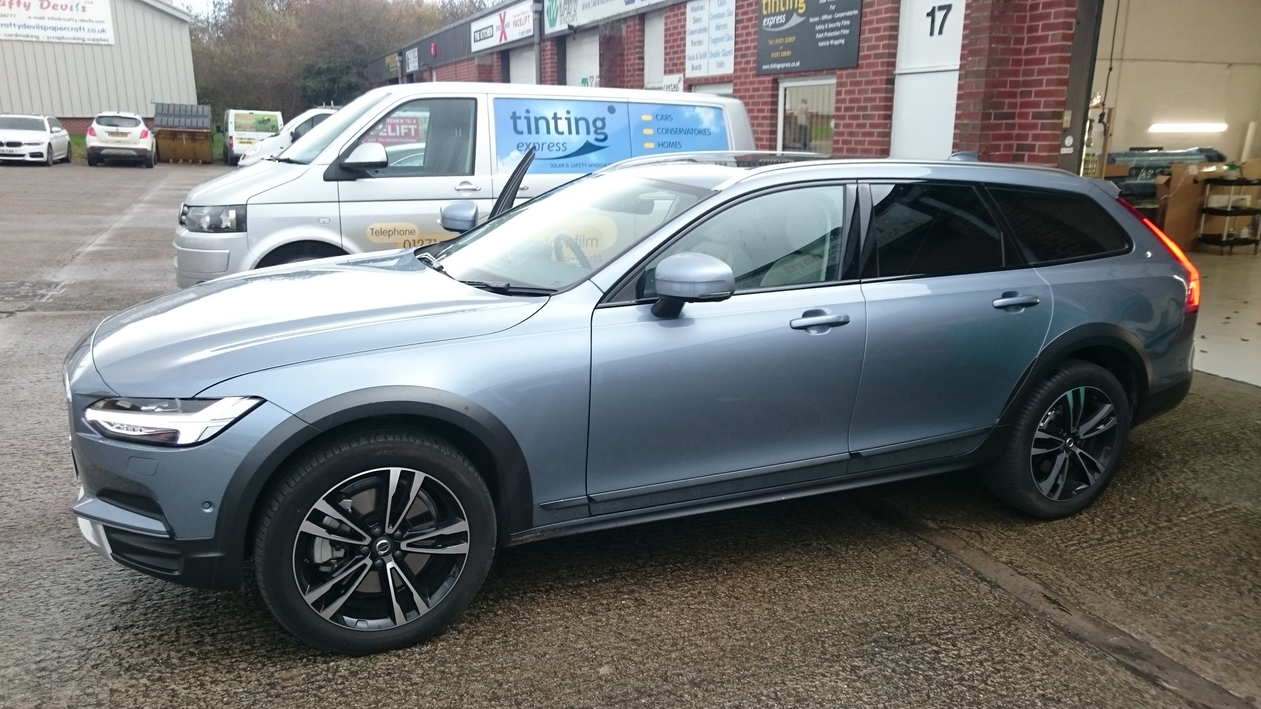 Finished Volvo V90 parked outside Tinting Express Unit 17 Taw Mill Business Park Barnstaple EX32 8QA