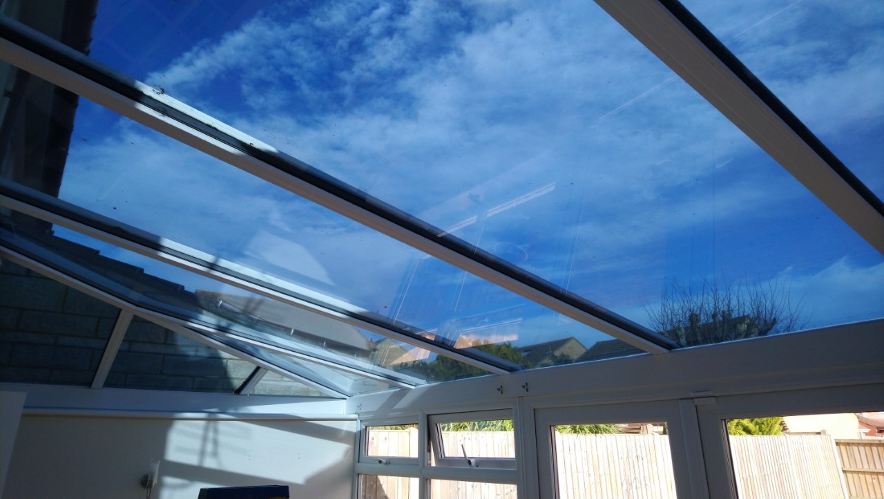 A coating of our solar roof window film Dual 15V on a conservatory in Taunton Somerset by Tinting Express Ltd
